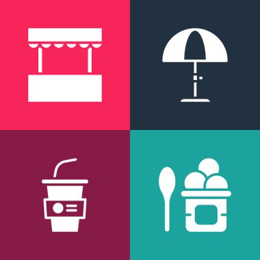 Popüler dondurmayı kaseye koyun, kağıt bardağı suyla, güneş koruyucu şemsiyeyi ve bilet gişesi simgesini. Vektör.