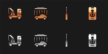 Çekici, oto yıkama, tornavida ve çevrimiçi araba servisi ikonu. Vektör.