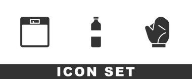 Banyo tartıları, bir şişe su ve beyzbol eldiveni ikonu hazırla. Vektör.