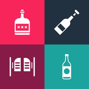 Pop sanat bira şişesi, salon kapısı, şaraptan ve alkollü içki ikonundan yapılmış. Vektör.