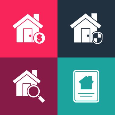 Pop Art 'ı çevrimiçi emlak evi, Arama, Ev' i koruma altına alın ve dolar sembolü simgesiyle birlikte. Vektör.