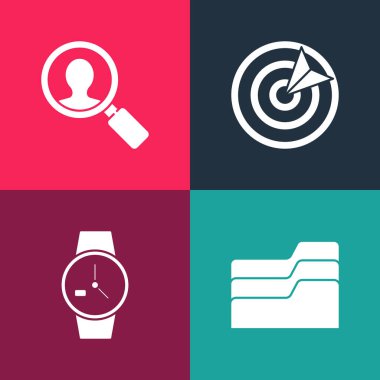 Arama insanları simgesi için pop sanat dokümanları klasörü, bilek saati, hedef spor ve büyüteç ayarla. Vektör.