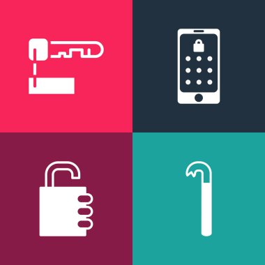 Pop Art Crowbar, Güvenli kombinasyon kilidi, mobil ve grafik parola ve İşaretli anahtar simgesini ayarla. Vektör.