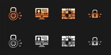 Siber güvenliği ayarlayın, hesap ekranı oluşturun tuğla duvar ve simge ile kalkan oluşturun. Vektör.