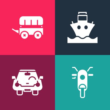 Pop sanat Scooter 'ı, Car' ı, Kargo gemisini ve Vahşi Batı araba ikonunu ayarlayın. Vektör.