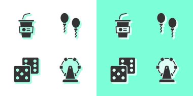 Dönme dolap, su dolu kağıt bardak, zar oyunu ve balon ikonu. Vektör.