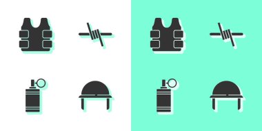 Askeri miğfer, kurşun geçirmez yelek, el bombası ve dikenli telli ikon. Vektör.