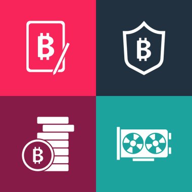Pop Art Video Grafik Kartı, Bitcoin, Bitcoin Kalkanı tablet simgesinden Bitcoin ve Madencilik ile ayarla. Vektör.