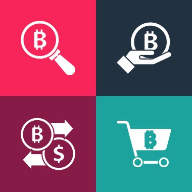 Pop sanat alışveriş arabasını bitcoin, kripto para değişimi, Bitcoin tutan el ve büyüteç ikonu ile ayarla. Vektör.