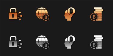 Kilidi bitcoin ile ayarla, Globe Bitcoin, düşün ve ikon. Vektör.