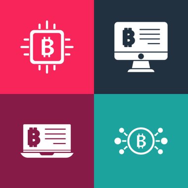 Pop Art Bitcoin 'i devrede, dizüstü bilgisayardan madencilik bitcoin, monitör ve CPU madencilik ikonunu ayarlayın. Vektör.