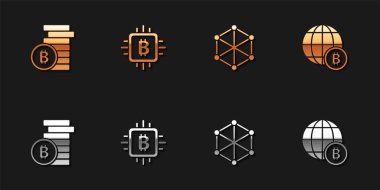 Bitcoin, CPU maden çiftliği, Blockchain teknolojisi ve Globe ikonu ayarla. Vektör.