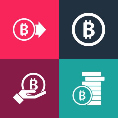 Pop Art Bitcoin 'i, el ele tutuşmayı ve ikonu ayarla. Vektör.