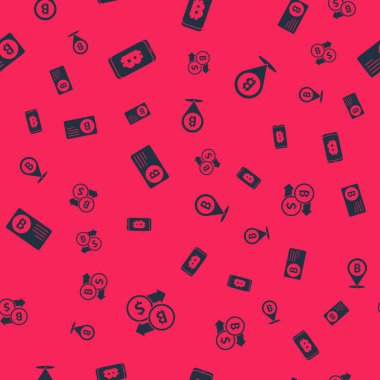 Kripto döviz borsasını, cep telefonundan madencilik bitcoin 'ini, kredi kartını ve Bitcoin' i kusursuz desenli olarak ayarla. Vektör.