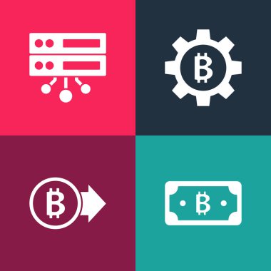 Pop sanat Kripto Para Birimi Bitcoin, Bitcoin ve Sunucu simgesini ayarla. Vektör.