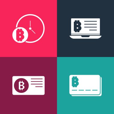 Popüler sanat kredi kartını bitcoin, dizüstü bilgisayardan madencilik ve Bitcoin saat simgesiyle ayarla. Vektör.