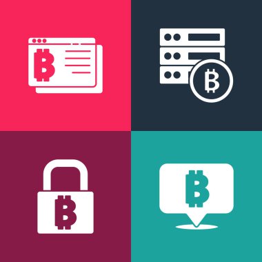 Pop art Bitcoin, Lock with bitcoin, Sunucu ve tarayıcı simgesini ayarla. Vektör.