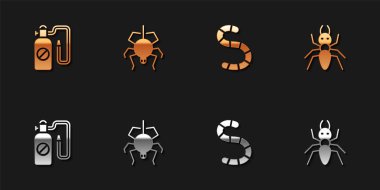 Basınç spreyini, Örümcek, Solucan ve Karınca simgesini ayarla. Vektör.