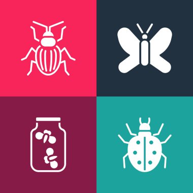 Pop Art Mite 'ı, Ateşböceklerini kavanoza, Kelebek' i ve Chafer Beetle ikonunu koy. Vektör.