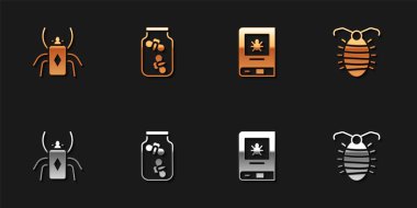 Böceği ayarla, Ateşböceklerini kavanoza koy böcek ve larva ikonu hakkında kitap yaz. Vektör.