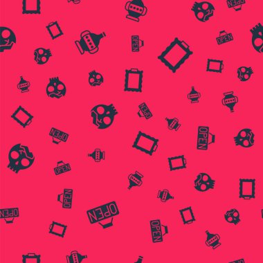 Açık, Antik amforalar, kırık insan kafatası ve kusursuz desenli resim ile asılma işaretini ayarlayın. Vektör.