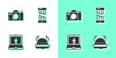 Viking boynuzlu miğferini, fotoğraf makinesini, çevrimiçi müzesini ve eski kolon simgesini ayarlayın. Vektör.