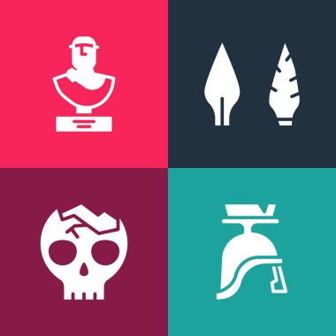 Popüler Roma ordu kaskı, kırık insan kafatası, taş devri ok başı ve Antik büst heykel ikonu. Vektör.