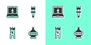 Kadim amforalar, çevrimiçi müze, kale kulesi ve alev ikonu kur. Vektör.