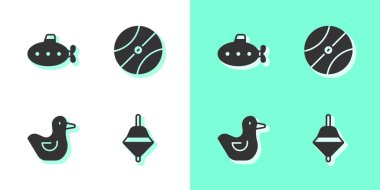 Whirligig oyuncağı, Denizaltı, Lastik ördek ve Basketbol ikonu. Vektör.