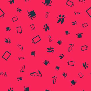 Set Kadın ayakkabısı, kahve fincanı, resim ve zeytin dalları kusursuz desenli. Vektör.