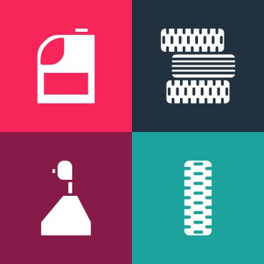 Otomobil tekerleği, vites kolu ve teneke kutuyu motor yağı ikonu olarak ayarla. Vektör.