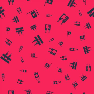 Bira şişesi, bar tabelalı sokak tabelası, bir paket bira şişesi ve şişe şarabı kusursuz desenli. Vektör.