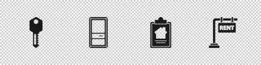 Ev anahtarı, kapalı kapı, kira ikonu ile sözleşme ve asma tabelası ayarla. Vektör.