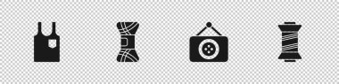 Kolsuz tişört, iplik, terzi dükkanı ve dikiş ipliği ikonu ayarla. Vektör.