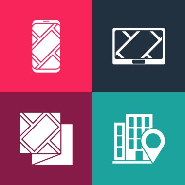 Pop sanat mekanını ev, katlanmış harita, GPS cihazı ve şehir navigasyon simgesi ile ayarla. Vektör.