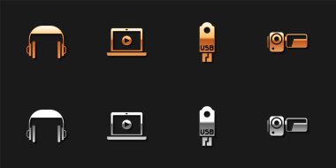 Set Kulaklıklar, Online oyun videosu, USB flash disk ve sinema kamera simgesi. Vektör.