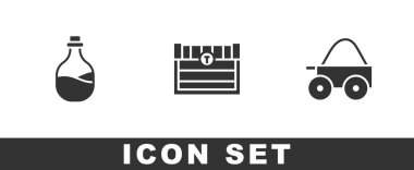 Eski şarap şişesini, antika hazine sandığını ve tahta dört tekerlekli araba ikonunu hazırla. Vektör.