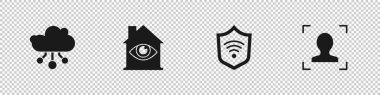 Nesnelerin internetini, göz taramalı evi, kablosuz kalkanı ve yüz tanıma simgesini ayarla. Vektör.