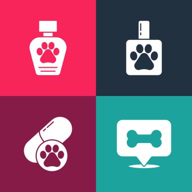 Popüler sanat köpek kemiği, hap, evcil hayvan şampuanı ve ikonu hazırla. Vektör.