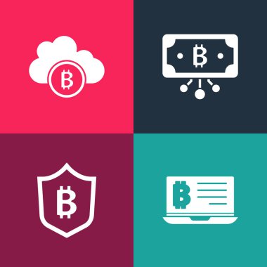 Popüler sanat madenciliği bitcoin dizüstü bilgisayarından, kalkandan, Bitcoin devresinden ve Cryptocurrency bulut madencilik ikonundan ayarlayın. Vektör.