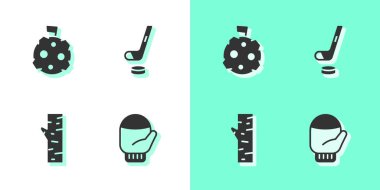 Noel eldiveni, bayraklı ay, huş ağacı, buz hokeyi sopası ve disk ikonu. Vektör.