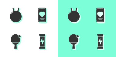 Spor beslenmesi, Kettlebell, raket ve top ve kalp atış hızı ikonuyla Mobile ayarlayın. Vektör.