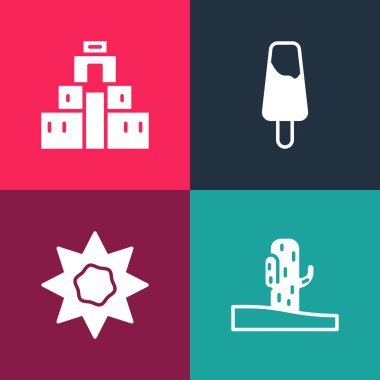 Pop sanatları kaktüsü, güneş, dondurma ve Chichen Itza 'yı Maya ikonunda ayarla. Vektör.