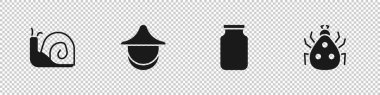 Salyangoz, Arıcı şapkası, Cam kavanoz ve uğur böceği ikonu hazırla. Vektör.