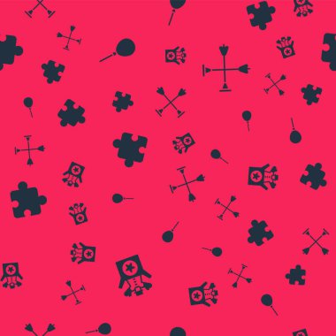 Jack 'i oyuncak kutusuna koy, kurdeleli balonlar, bulmaca parçaları ve dikişsiz desenli ok emici ucu. Vektör.