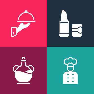 Pop-art İtalyan aşçı, bir şişe zeytinyağı, ruj ve tepsi yemek ikonu ile kaplanmış. Vektör.