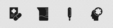 Tıbbi reçeteyi, ölçü kabını, termometreyi ve hastane ikonlu erkek kafasını hazırlayın. Vektör.