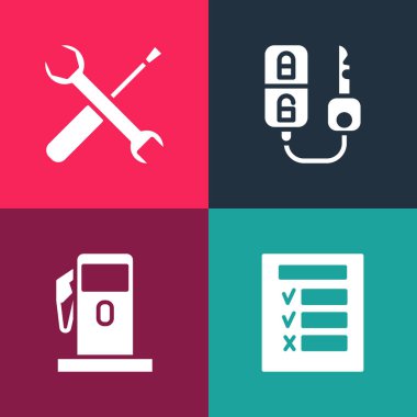 Otomobil denetimini, benzini ya da benzin istasyonunu uzaktan kumandalı, tornavidalı ve anahtarlı anahtar ikonlu ayarla. Vektör.