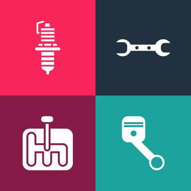 Pop Art Lokomotif pistonu, vites kolu, İngiliz anahtarı ve Buji ikonunu ayarla. Vektör.