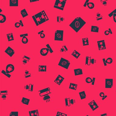 Kahve fincanı ve kitabı, makineyi, yeri, kahve ve posteri kusursuz bir şekilde ayarla. Vektör.